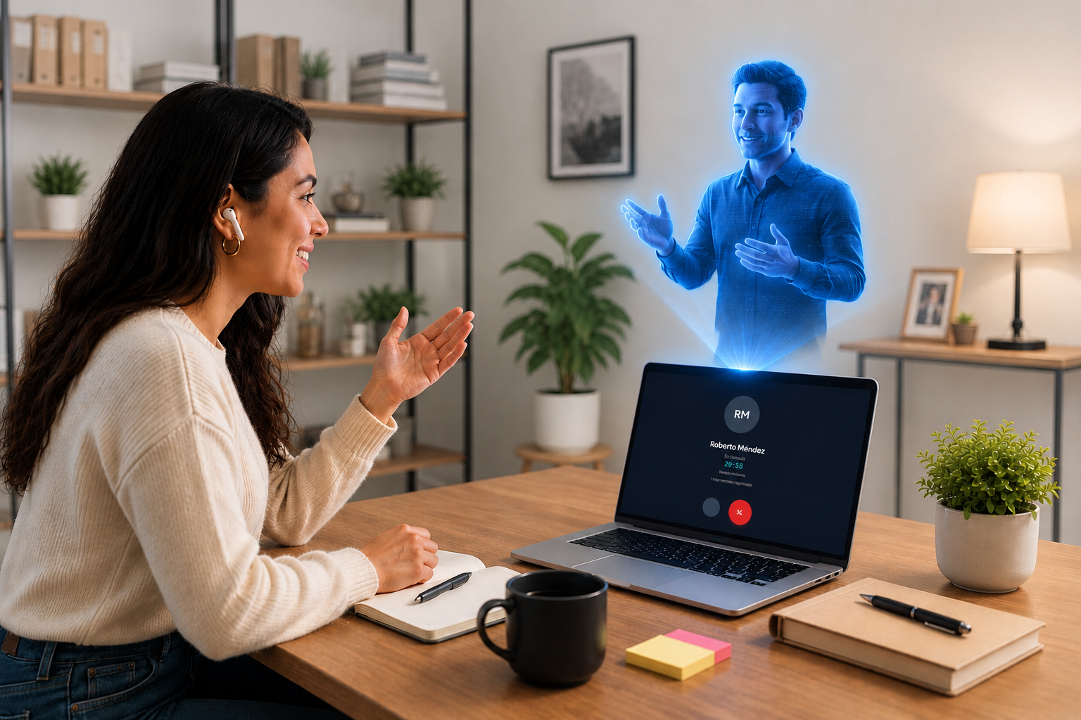 Una colaboradora con AirPods conversa con un mentor de IA holográfico que emerge de su laptop